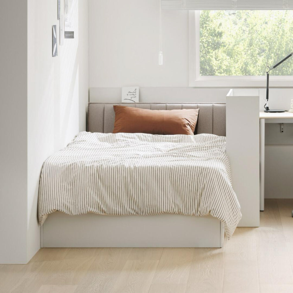 NEWT 單人收納床架 (右側抽屜櫃, 含布質床頭板)