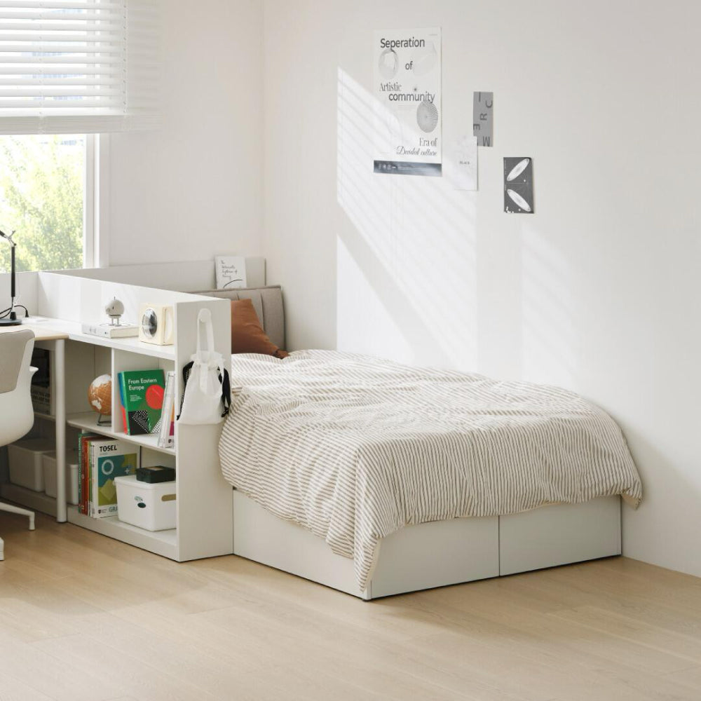 NEWT 單人收納床架 (直向抽屜櫃, 含布質床頭板)